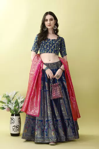 Morpich Woven Silk Lehenga Choli With Dupatta