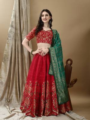 Red Woven Silk Lehenga Choli With Dupatta 2