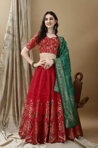 Red Woven Silk Lehenga Choli With Dupatta