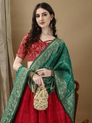 Red Woven Silk Lehenga Choli With Dupatta 3