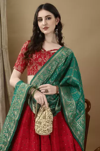 Red Woven Silk Lehenga Choli With Dupatta
