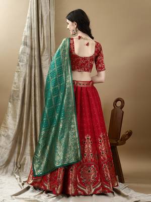 Red Woven Silk Lehenga Choli With Dupatta 4