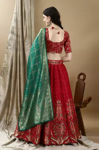 Red Woven Silk Lehenga Choli With Dupatta