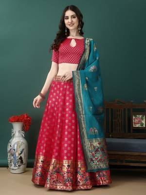 Peach Woven Silk Lehenga Choli With Dupatta 1