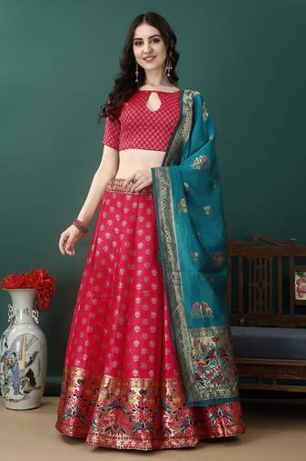 Peach Woven Silk Lehenga Choli With Dupatta