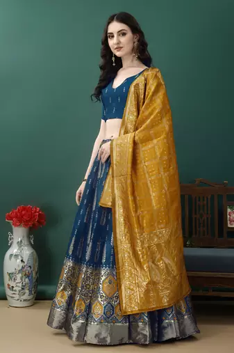 Morpich Woven Silk Lehenga Choli With Dupatta