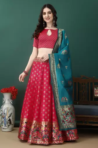 Peach Woven Silk Lehenga Choli With Dupatta