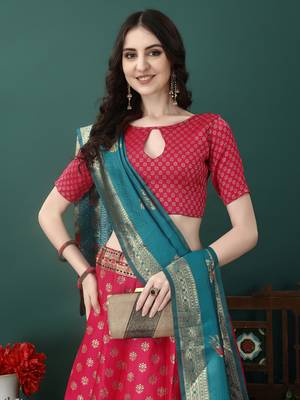 Peach Woven Silk Lehenga Choli With Dupatta 3