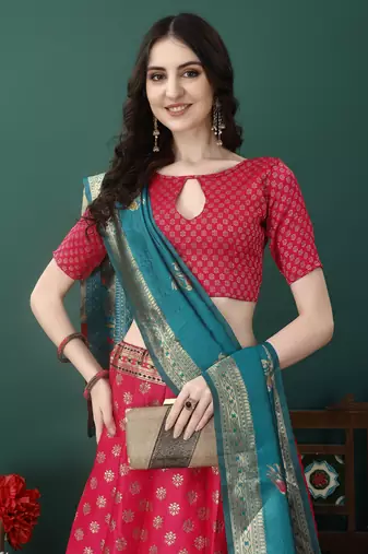 Peach Woven Silk Lehenga Choli With Dupatta