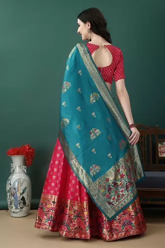 Peach Woven Silk Lehenga Choli With Dupatta