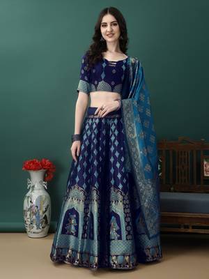 Navy Blue Woven Silk Lehenga Choli With Dupatta 2