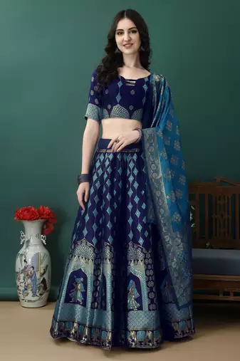 Navy Blue Woven Silk Lehenga Choli With Dupatta