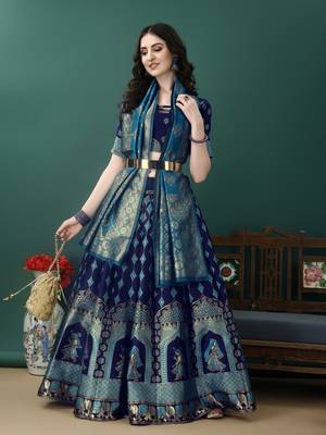Navy Blue Woven Silk Lehenga Choli With Dupatta 3