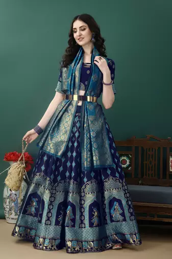 Navy Blue Woven Silk Lehenga Choli With Dupatta