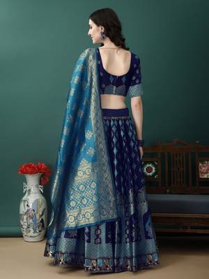 Navy Blue Woven Silk Lehenga Choli With Dupatta 4