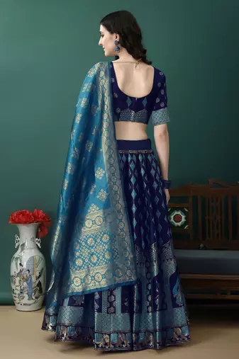 Navy Blue Woven Silk Lehenga Choli With Dupatta