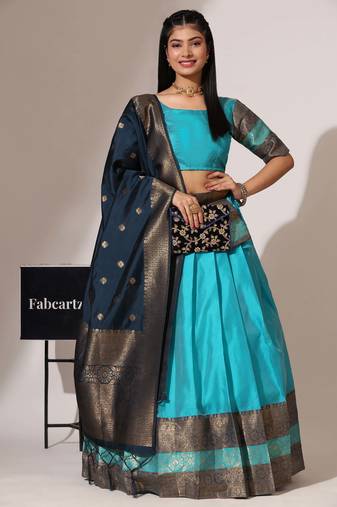 Firozi Woven Silk Lehenga Choli With Dupatta
