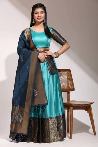 Firozi Woven Silk Lehenga Choli With Dupatta