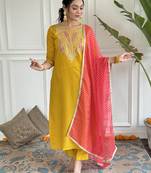 Mustard Embroidered Chanderi Straight Kurta, Pant and Dupatta Set