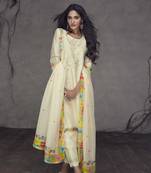 Cream embroidered art silk free size stitched straight palazzo-pant suits