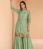 Green handwork organza free size stitched straight sharara suits