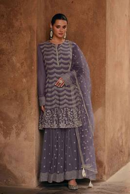 Purple embroidered georgette free size stitched anarkali palazzo suits 1