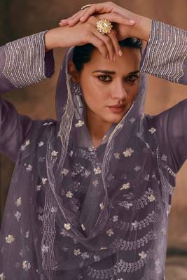 Purple embroidered georgette free size stitched anarkali palazzo suits 2