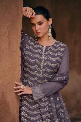 Purple embroidered georgette free size stitched anarkali palazzo suits 3