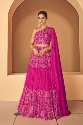 Pink embroidery chinnon silk free size stitched blouse  lehenga  suits 1