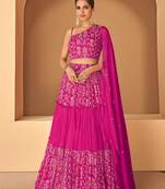 Pink embroidery chinnon silk free size stitched blouse  lehenga  suits