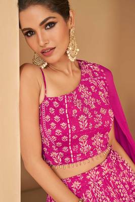 Pink embroidery chinnon silk free size stitched blouse  lehenga  suits 2