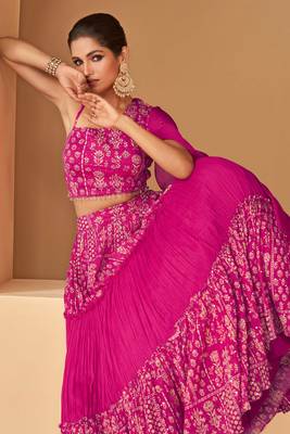 Pink embroidery chinnon silk free size stitched blouse  lehenga  suits 3