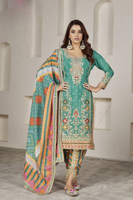 Turquoise  embroidery chiffon free size stitched straight  dhoti suits 1