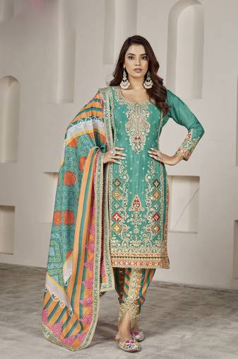 Turquoise  embroidery chiffon free size stitched straight  dhoti suits