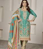 Turquoise  embroidery chiffon free size stitched straight  dhoti suits