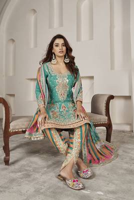 Turquoise  embroidery chiffon free size stitched straight  dhoti suits 2