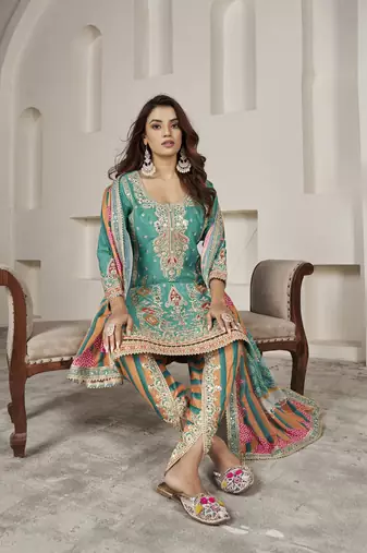 Turquoise  embroidery chiffon free size stitched straight  dhoti suits