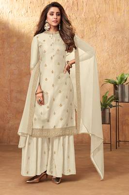 Off white  embroidery art silk free size stitched straight  palazzo suits 1
