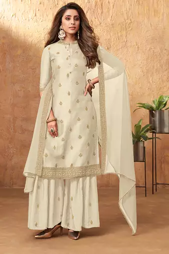 Off white  embroidery art silk free size stitched straight  palazzo suits
