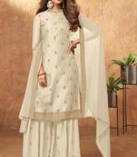 Off white  embroidery art silk free size stitched straight  palazzo suits