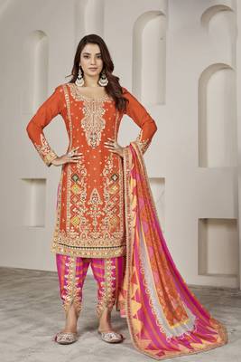 Orange embroidery chiffon free size stitched straight  dhoti suits 1