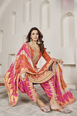 Orange embroidery chiffon free size stitched straight  dhoti suits 2