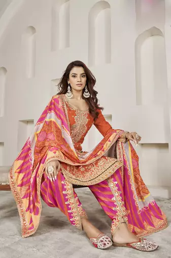 Orange embroidery chiffon free size stitched straight  dhoti suits