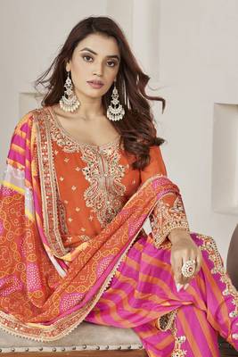 Orange embroidery chiffon free size stitched straight  dhoti suits 3