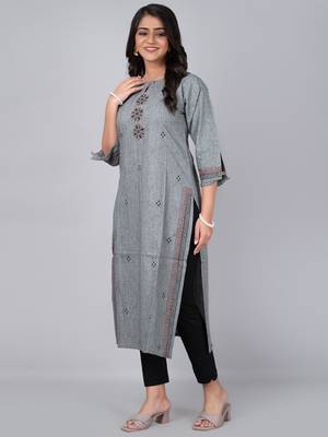 Fashion petals grey straight kurta with block print 2