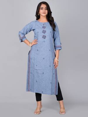 Fashion petals blue straight kurta with block print 1
