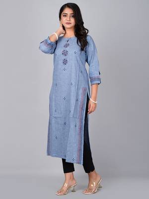Fashion petals blue straight kurta with block print 2
