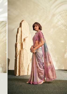 Purple printed handloom khadi silk blend silk blend saree with blouse 2