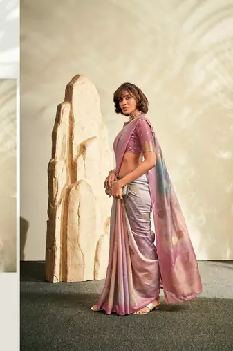 Purple printed handloom khadi silk blend silk blend saree with blouse