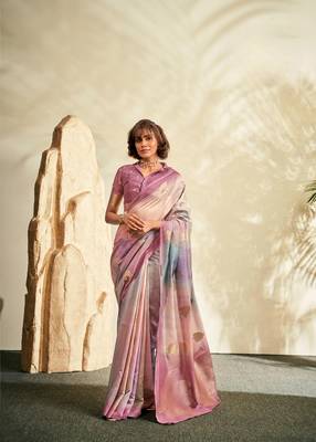 Purple printed handloom khadi silk blend silk blend saree with blouse 1